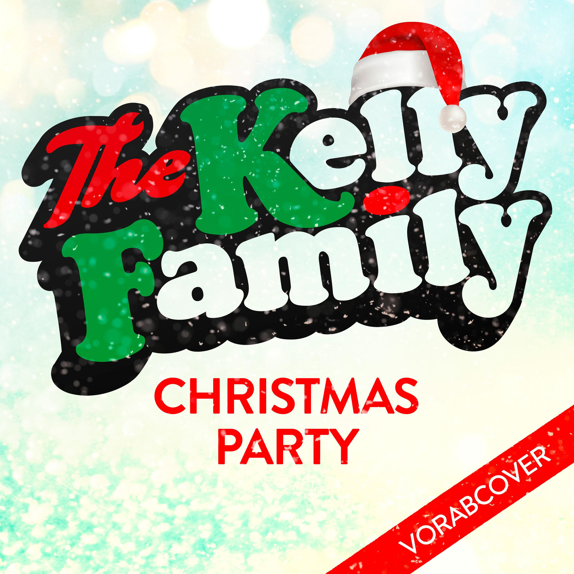 Invitation à la fête de Noël avec texte 'The Kelly Family' et 'Christmas Party' avec un bonnet de Père Noël.