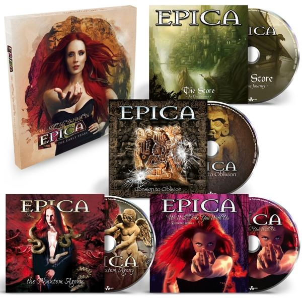 Több Epica album borítója és CD-je, vörös hajú énekesnővel, különféle művészeti stílusokkal és címekkel.