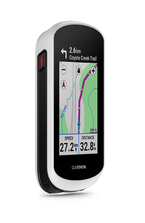 Ein weißes und schwarzes GPS-Gerät zeigt eine Karte mit Routeninformationen. Geschwindigkeit und Entfernung werden angezeigt.