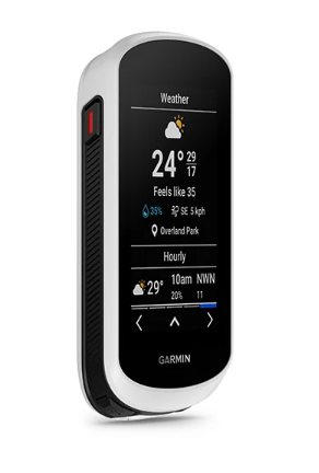 Weißes und schwarzes Garmin-Gerät, das Wetterdaten anzeigt.