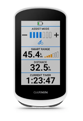 Garmin Fahrradcomputerbildschirm mit Daten auf weißem Hintergrund.