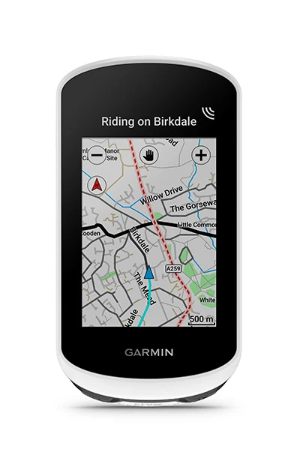 Garmin-Gerät mit einer Karte auf dem Bildschirm, mit Text: Riding on Birkdale, Garmin-Logo.