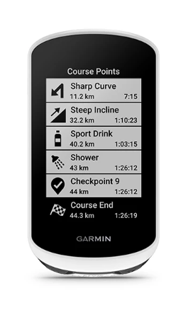 Ein Garmin-Gerät zeigt Kurspunkte an: Scharfe Kurve, Steile Steigung, Sportgetränk, Dusche, Checkpoint 9 und Kursende.