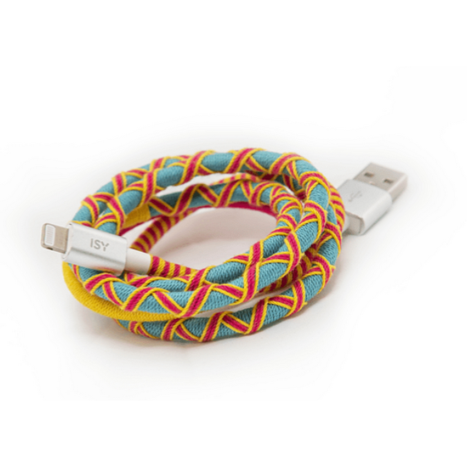 Cable de carga trenzado, azul y amarillo con acentos rosas, conector Lightning y USB blancos.