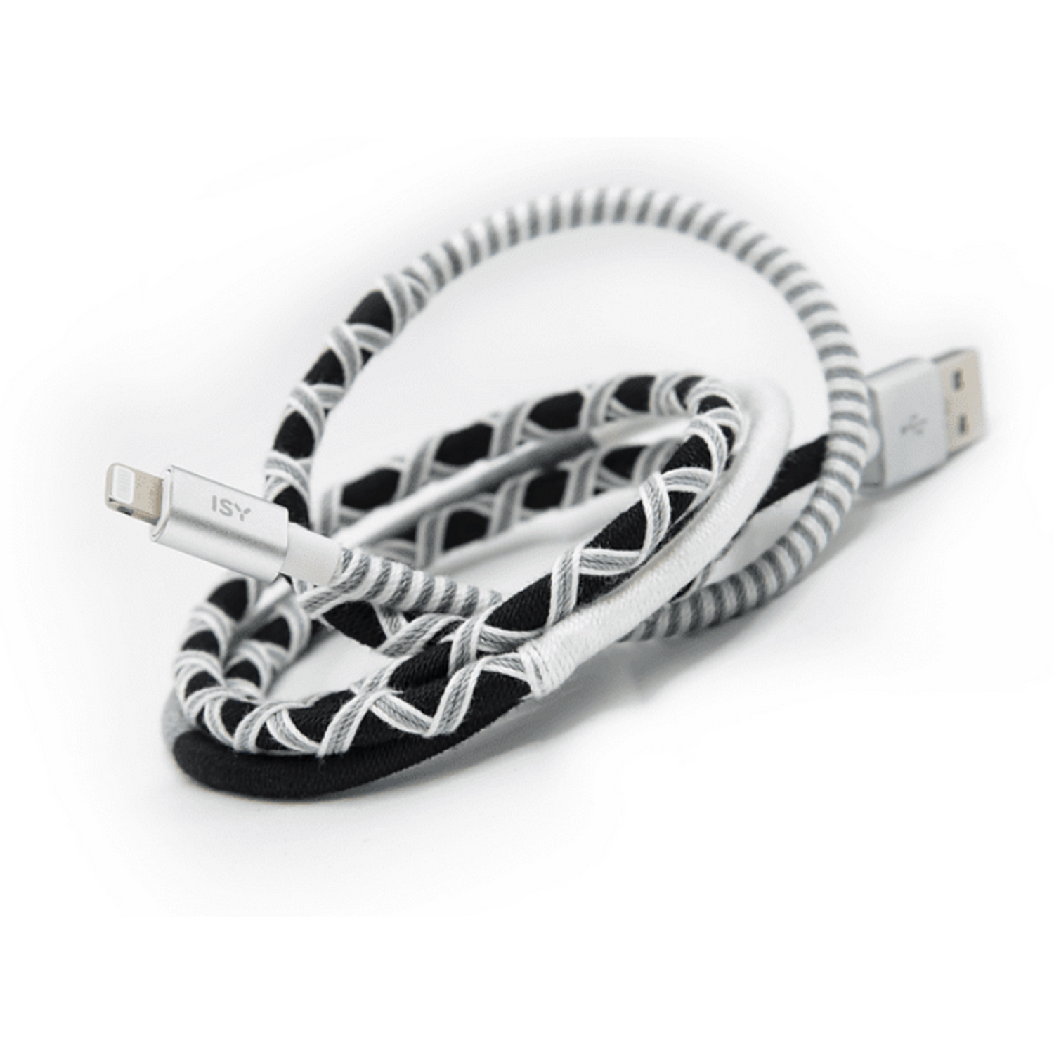 Cable de carga trenzado con conector USB-A y Lightning. Es negro, blanco y gris.