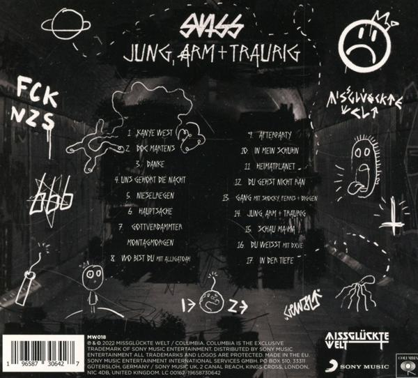 Albumcover mit weißen Kritzeleien auf Schwarz. Text: Jung, Arm + Traurig. Symbole und Songtitel sind sichtbar.