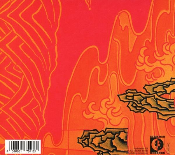 Abstraktes Design in Rot und Orange mit schwarzem Text am unteren Bildrand.