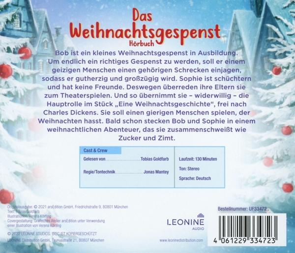 Buchcover mit deutschem Text. Es zeigt eine Weihnachtsgeist-Illustration und eine Winterszene.