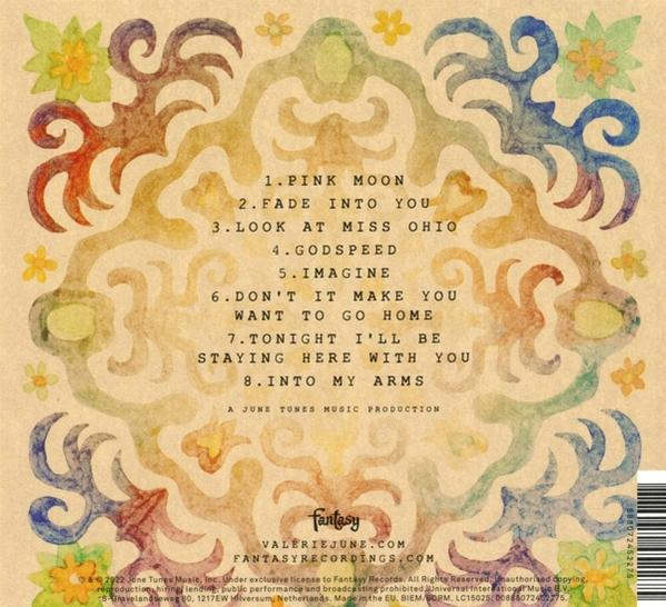 Rückseite einer CD mit Titelliste und farbenfrohen floralen Designs.