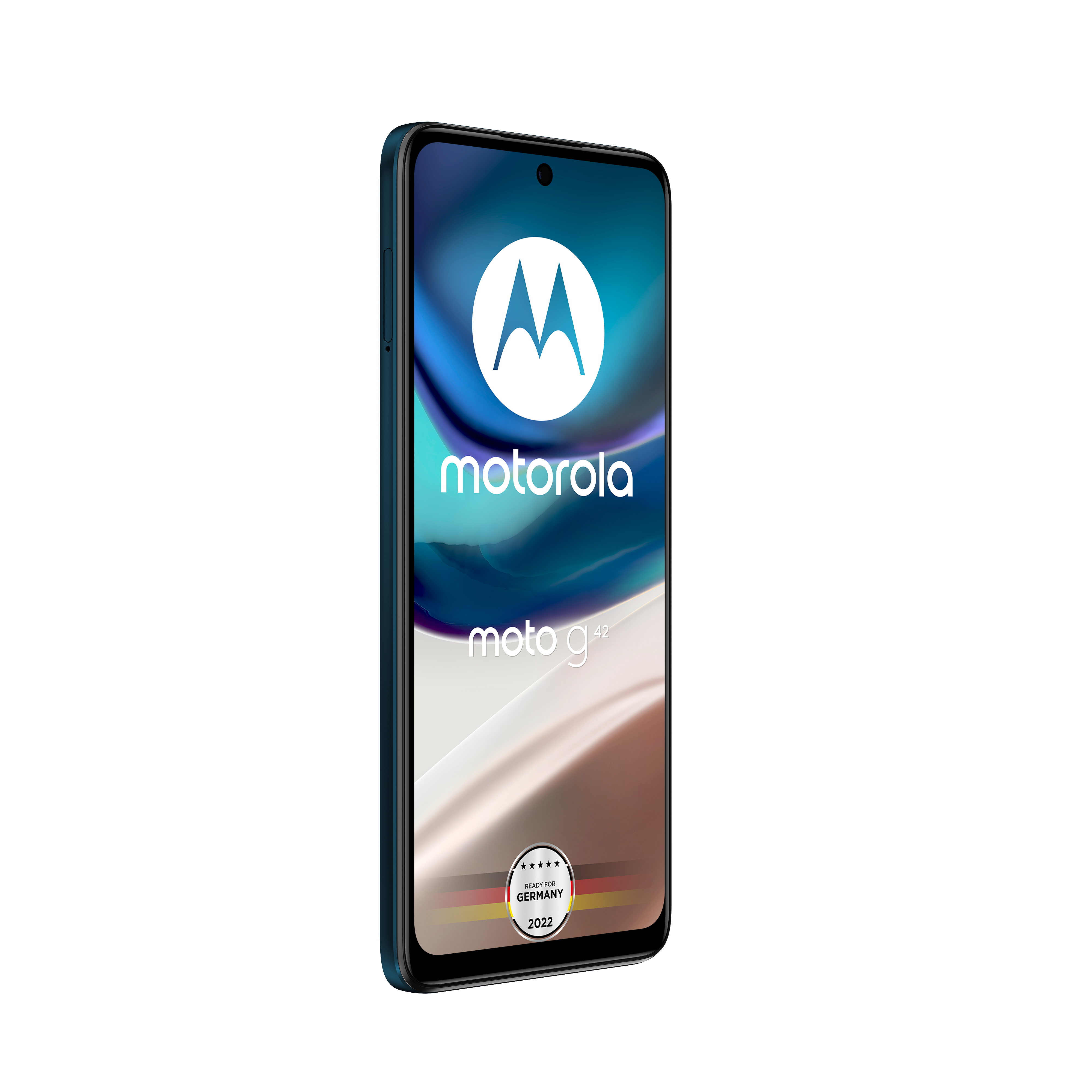 Ein Smartphone, das sein Display mit dem Motorola-Logo und einem Deutschland-Stempel zeigt.