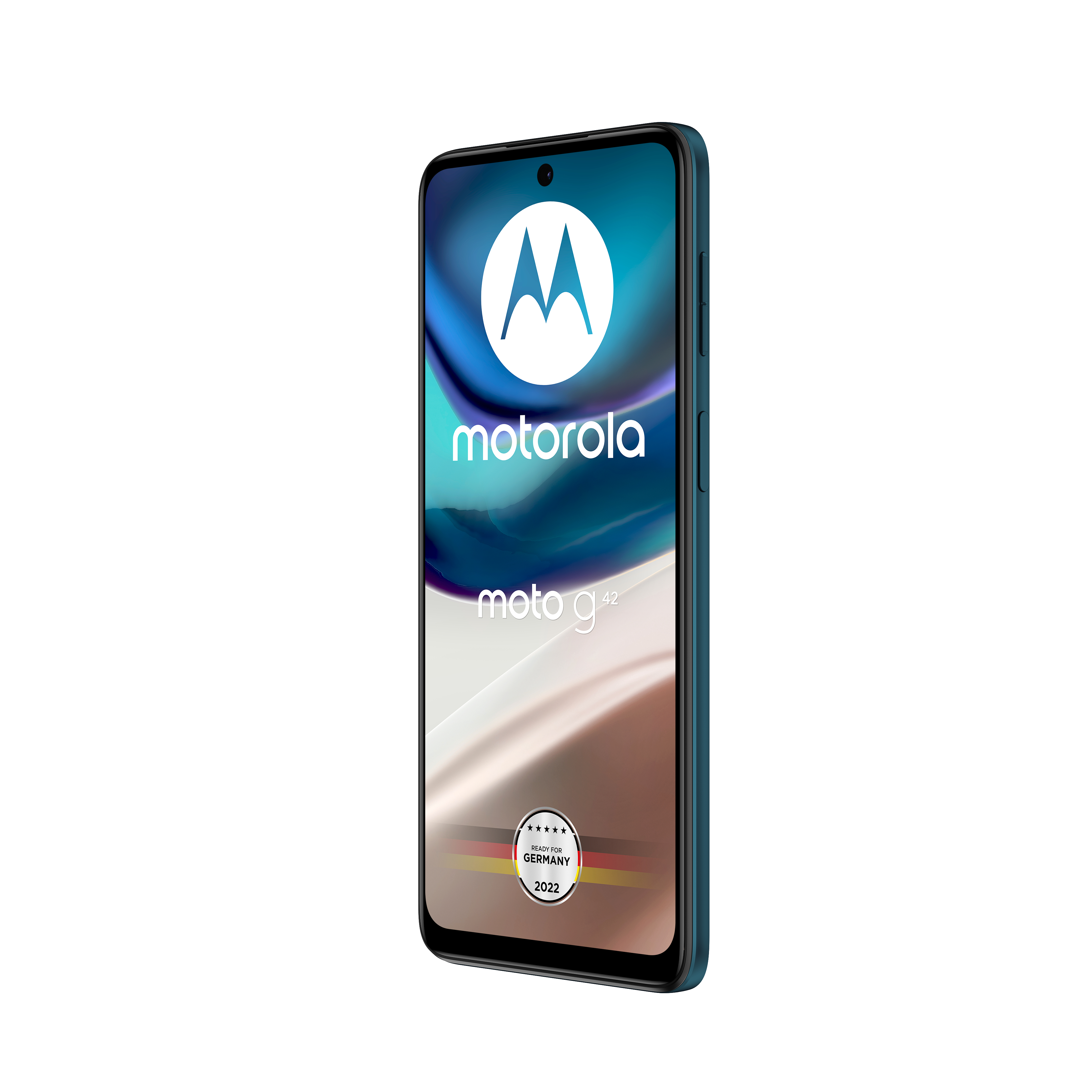 Ein Motorola Moto G42 Smartphone, tealfarben, auf weißem Hintergrund.