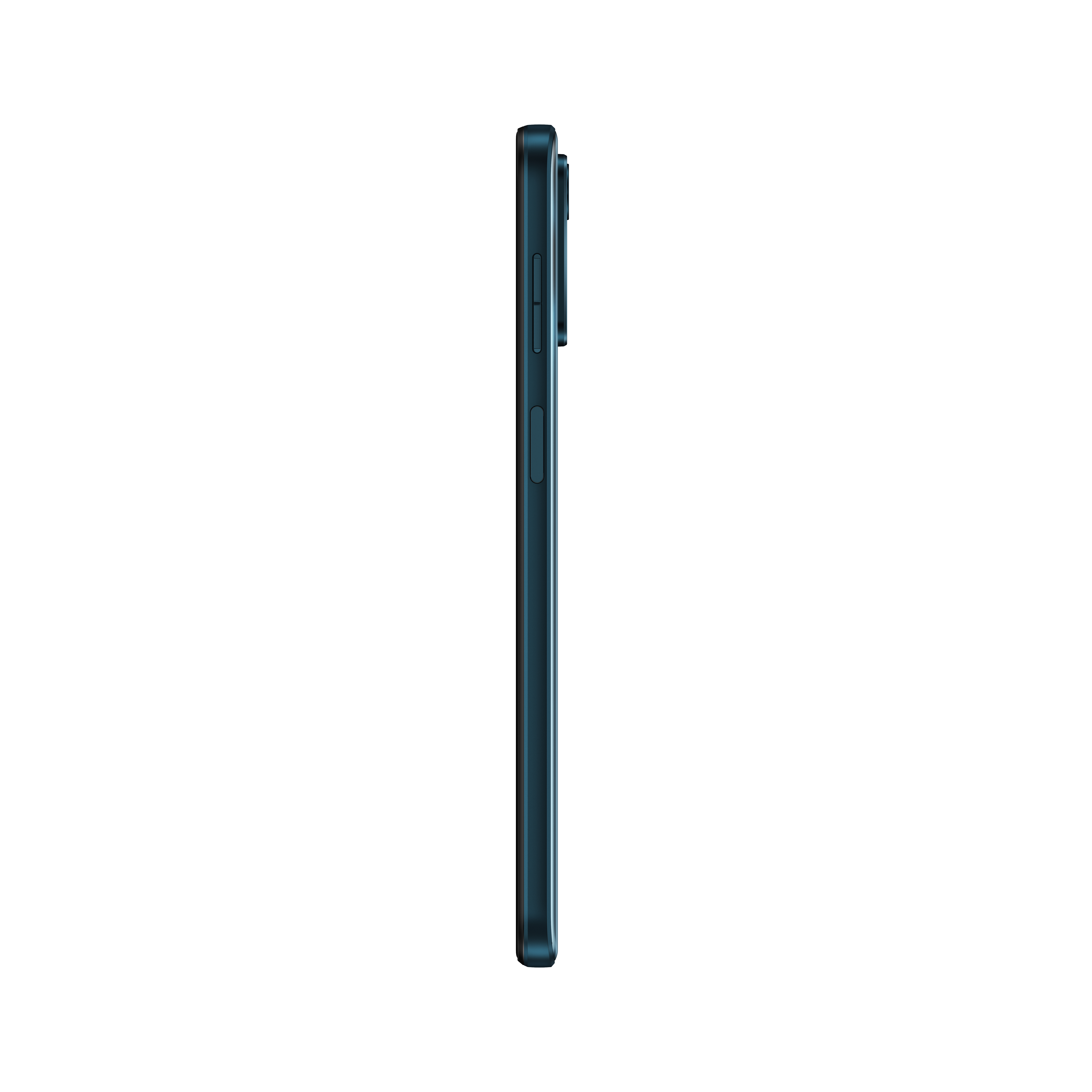 Seitenansicht eines türkisblauen Smartphones, das die Seitentasten und ein schlankes Design zeigt.