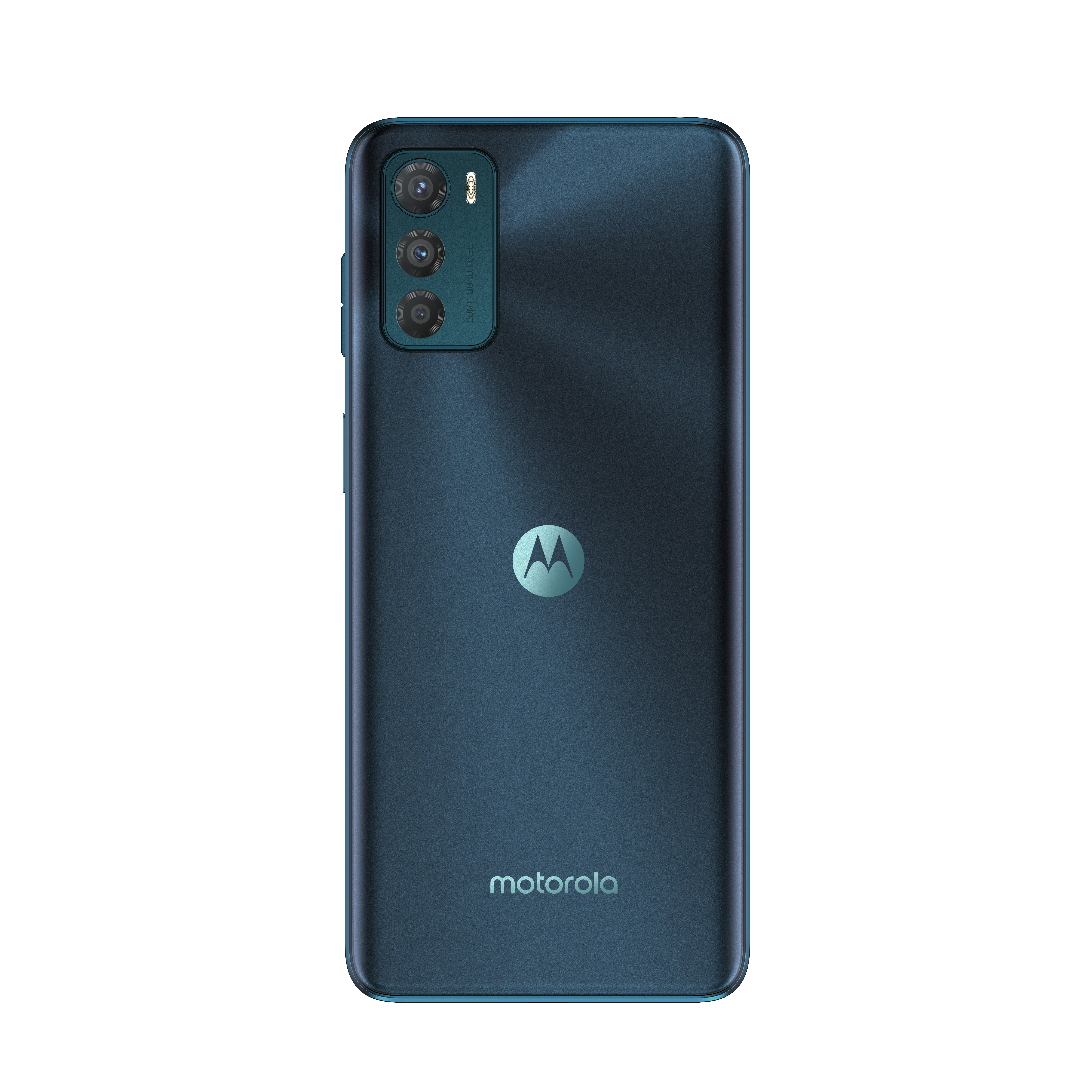 Dunkelblaues Telefon mit Dreifachkamera und Motorola-Logo auf der Rückseite.