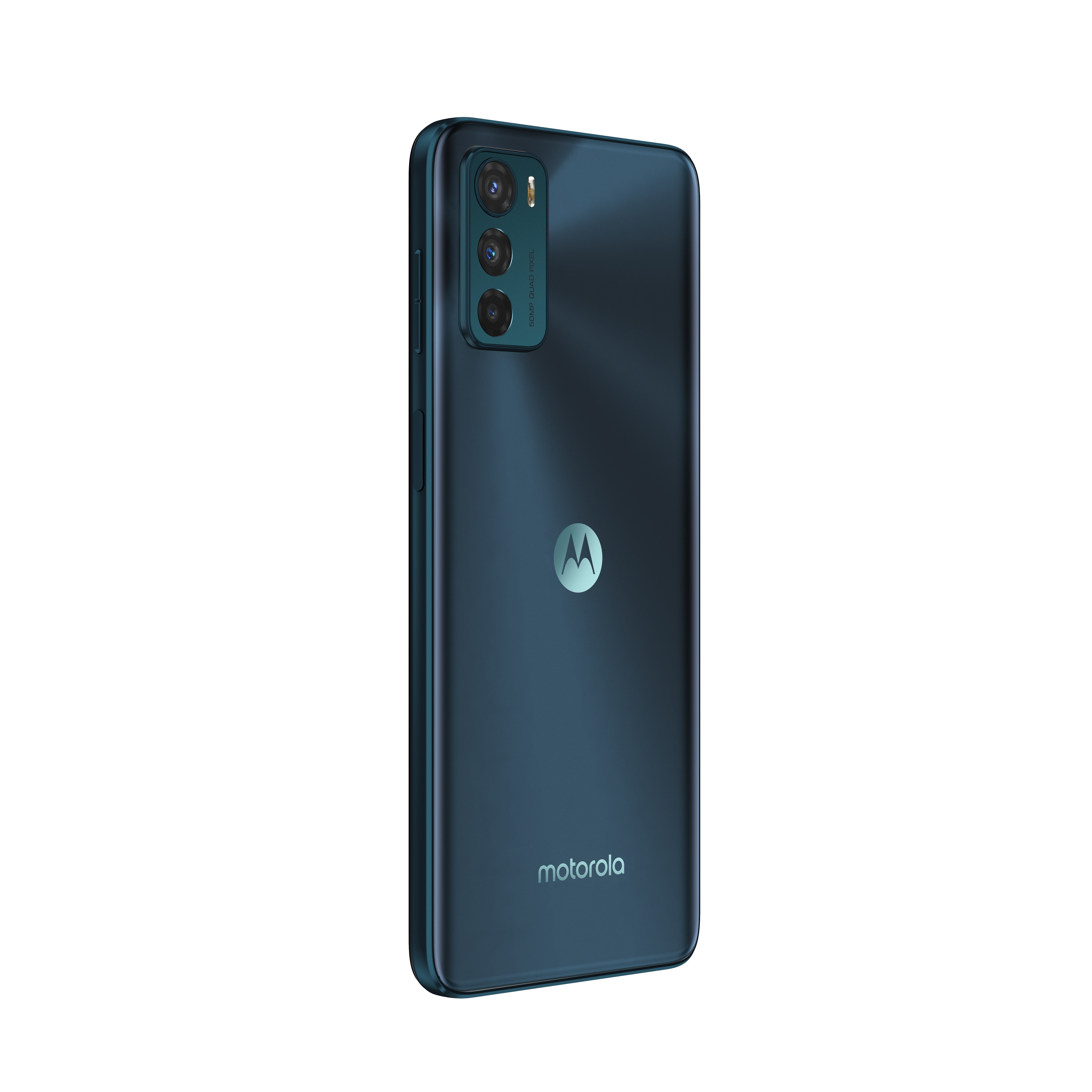 Dunkelblaues Motorola-Telefon, Rückansicht, mit Dreifachkamera und Logo.