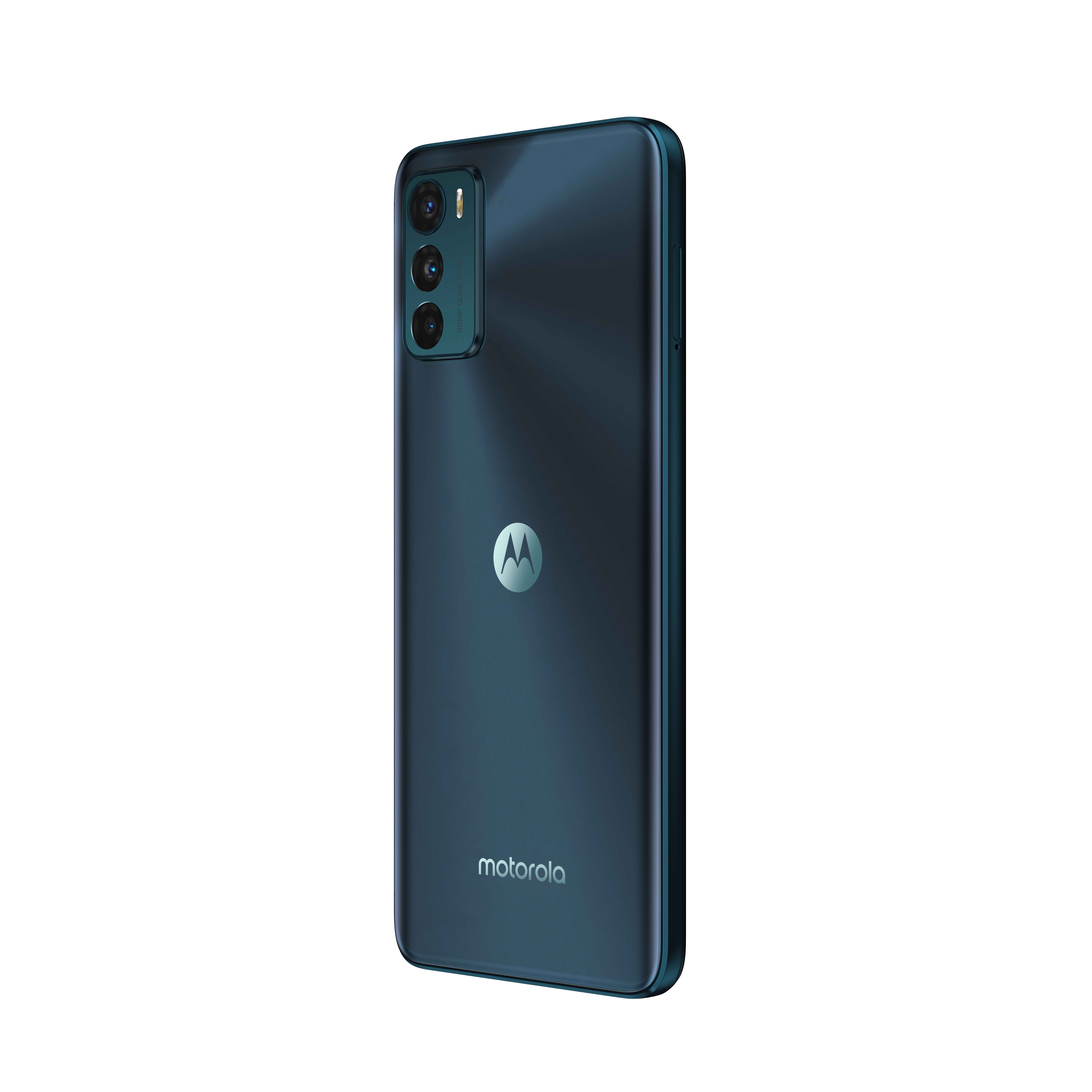 Ein dunkelblaues Motorola-Telefon, von der Seite und hinten betrachtet, mit Kamera und Logo.