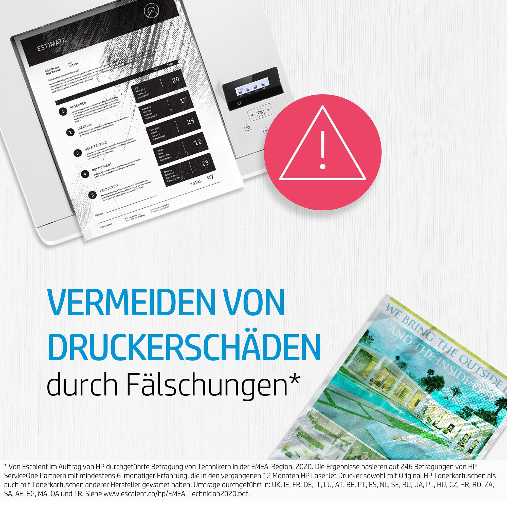Dokument mit Text und Drucker. Rotes Warnschild oben.