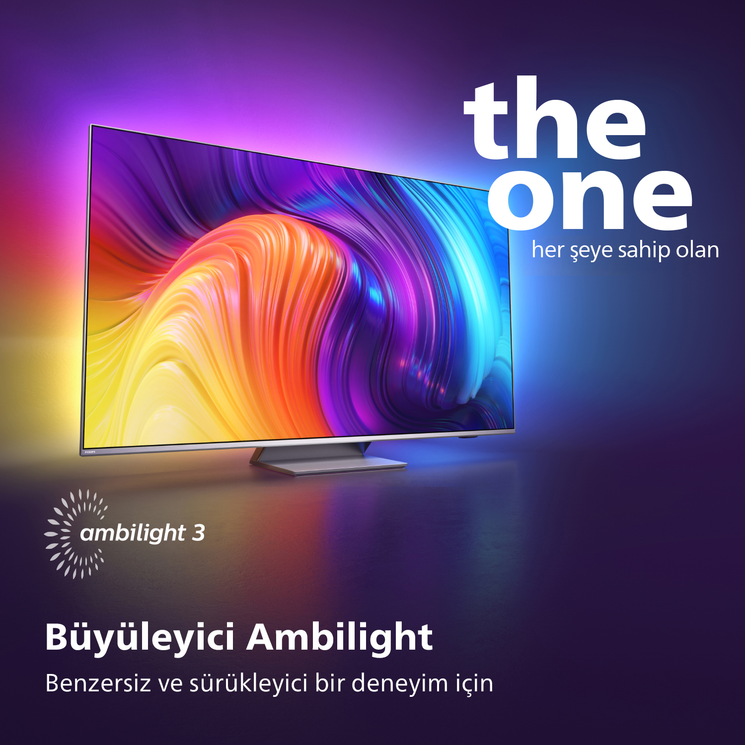 Renkli ekranlı büyük TV ekranı, İngilizce ve Türkçe metin.
