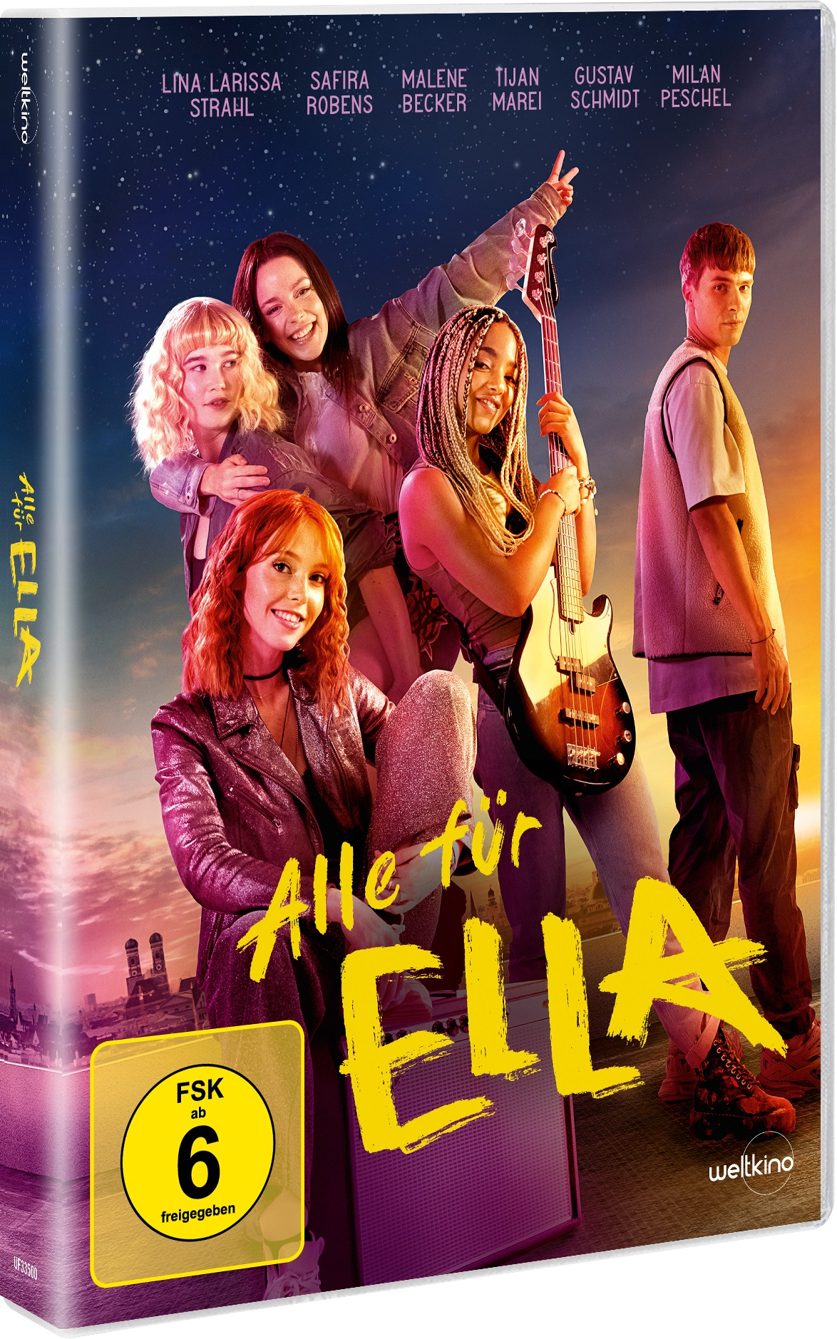 Filmcover mit Mädchengruppe, Gitarre und Text 'Alle für Ella'.