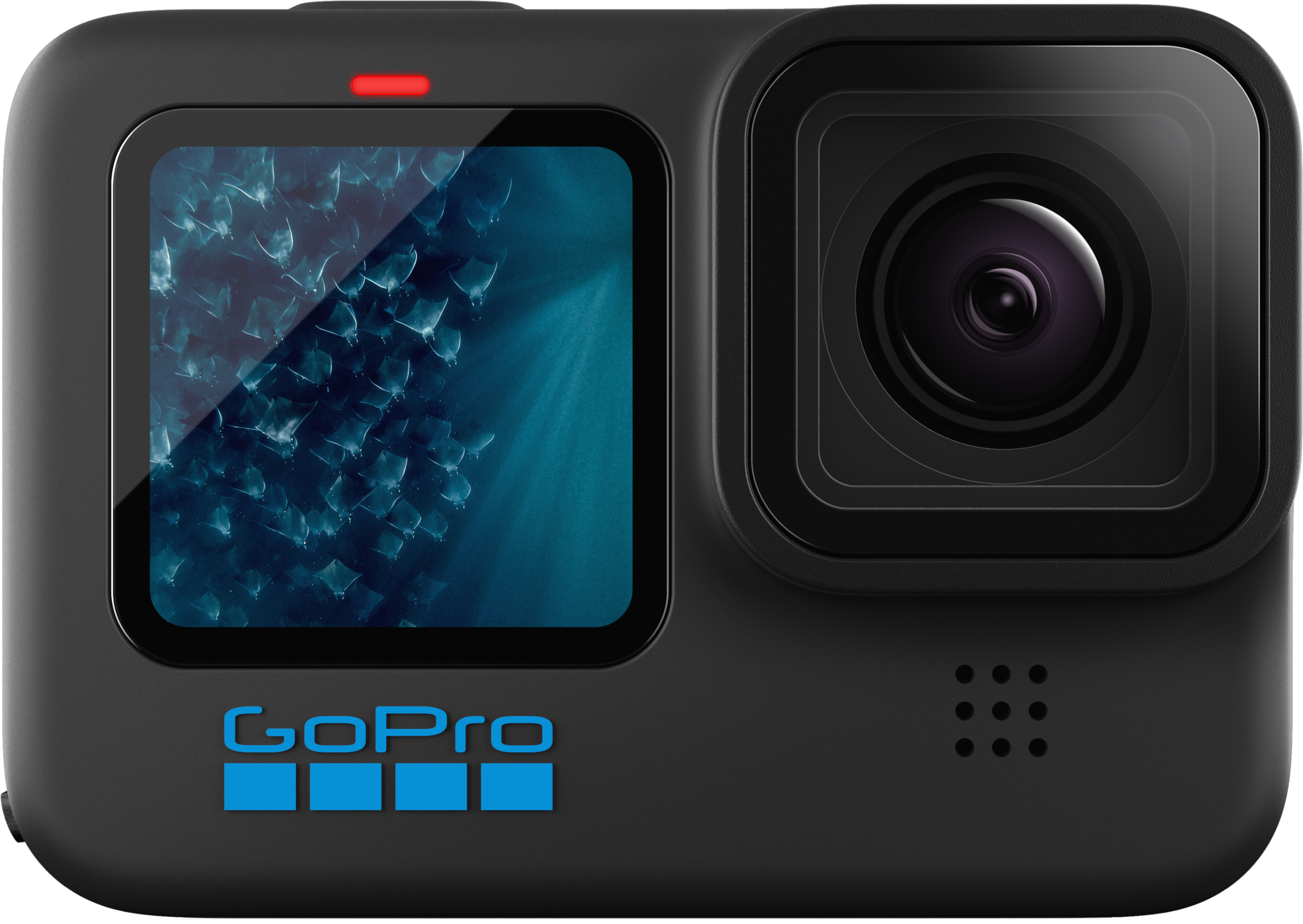 Schwarze GoPro-Kamera, Frontansicht, mit Bildschirm, der blaues Wasser zeigt.