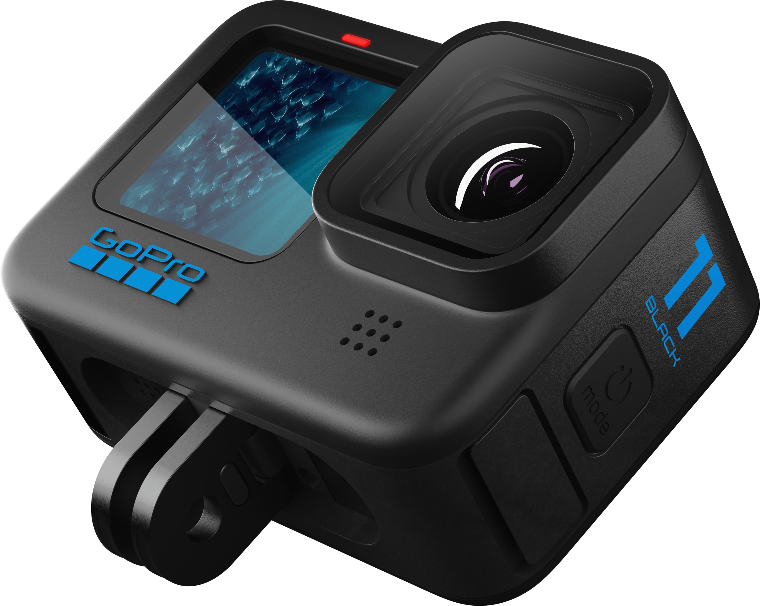 Eine schwarze GoPro-Kamera mit Linse und Bildschirm, zum Betrachter geneigt.