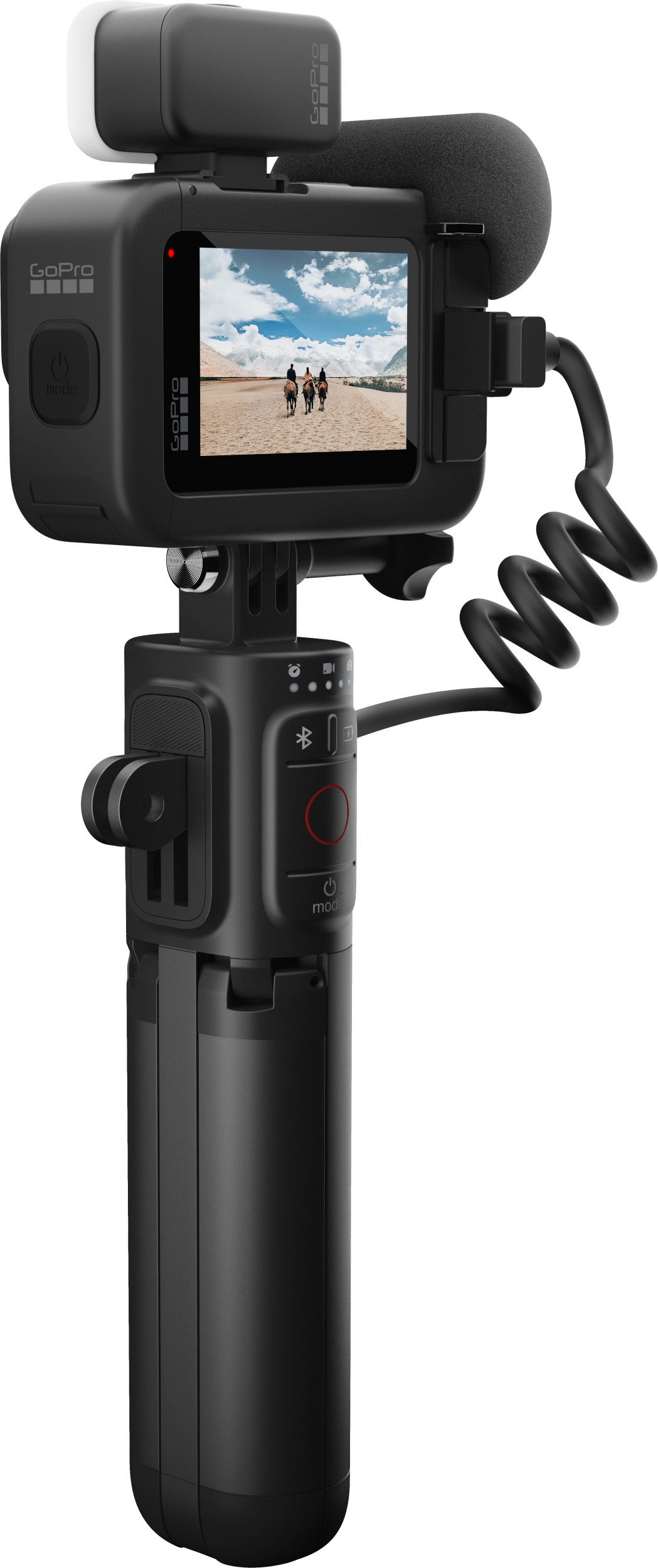 Schwarze GoPro-Kamera mit Mikrofon, montiert auf einem Stativgriff.