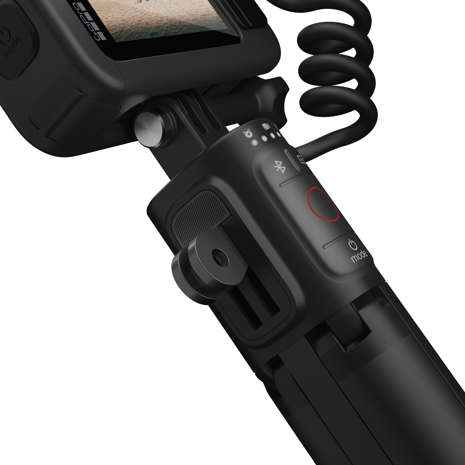 Schwarze GoPro-Kamera an einem Stab, mit Knöpfen und Bildschirm, auf schwarzem Hintergrund.