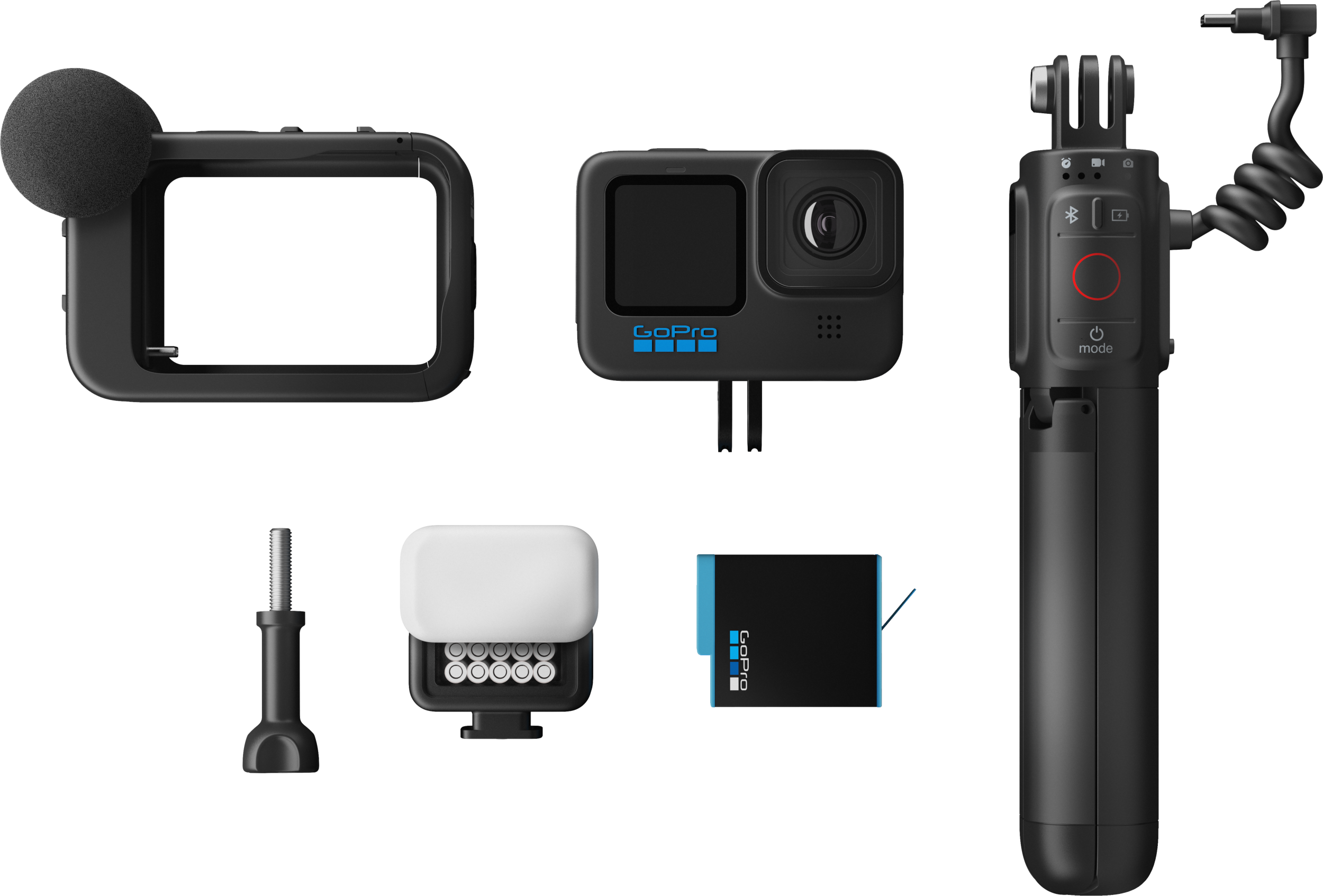 GoPro-Kamera und Zubehör: Mikrofon, Rahmen, Licht, Akku und Griff.