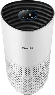 Witte Philips luchtreiniger; bovenaanzicht met zwart rooster en display; witte behuizing; geperforeerde bodem.