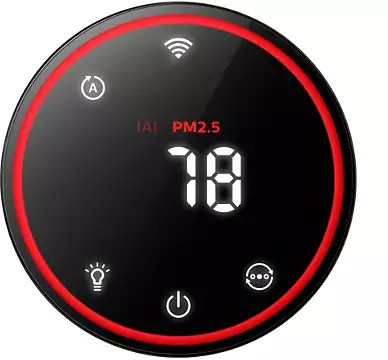 Cirkelvormig display met rode rand, met PM2.5, 78 en Wi-Fi-symbool.