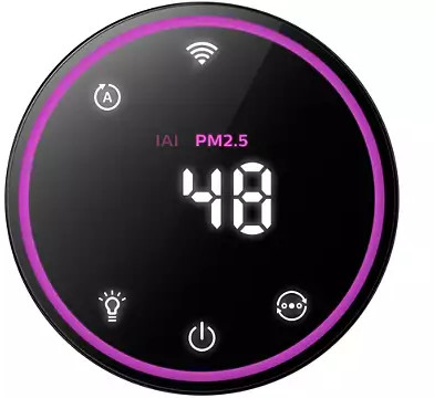 Ronde luchtkwaliteitsmonitor met de PM2.5-waarde en verschillende functie-iconen.
