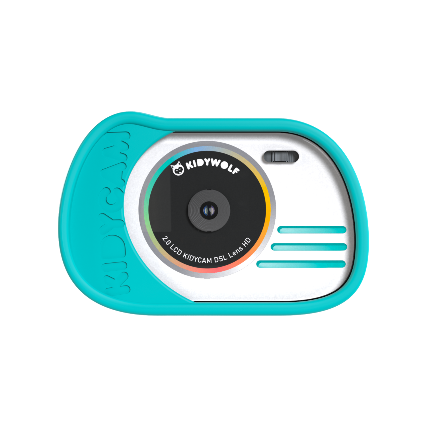 Turquoise Kidywolf camera met een kleurrijke lens en witte voorkant.