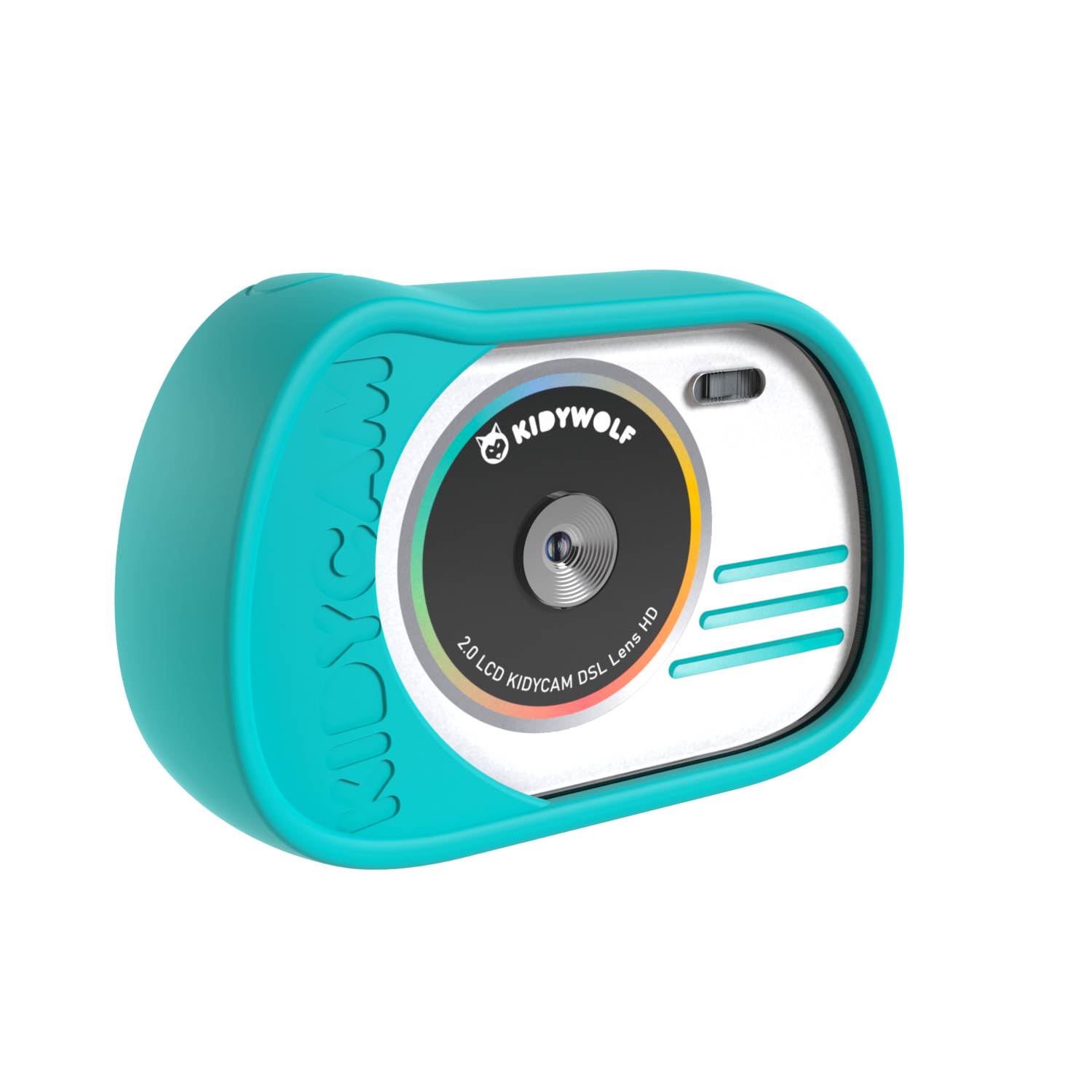 Turquoise Kidywolf camera. Ronde lens met kleurrijke details. Geïsoleerd op witte achtergrond.