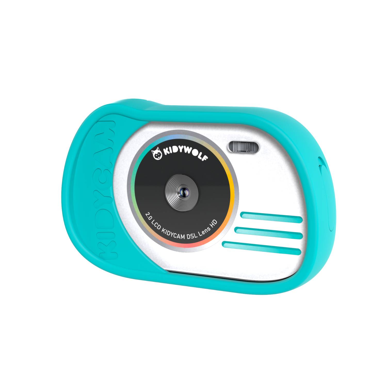 Turquoise Kidywolf digitale camera met lens en gekleurde cirkel eromheen.