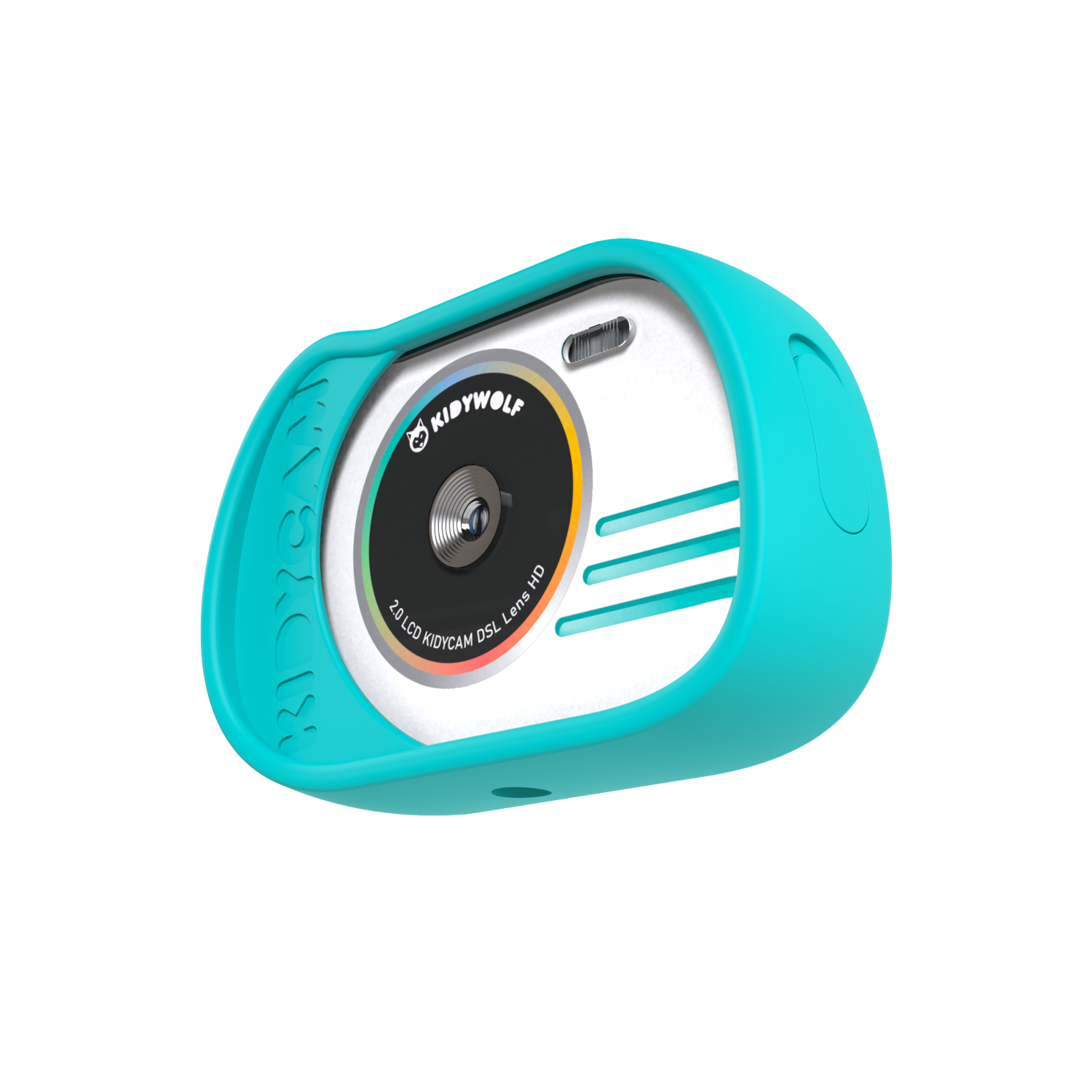 Turquoise Kidycamm camera met een witte voorkant en een kleurrijke lens. Turquoise polsband. Zwarte achtergrond.