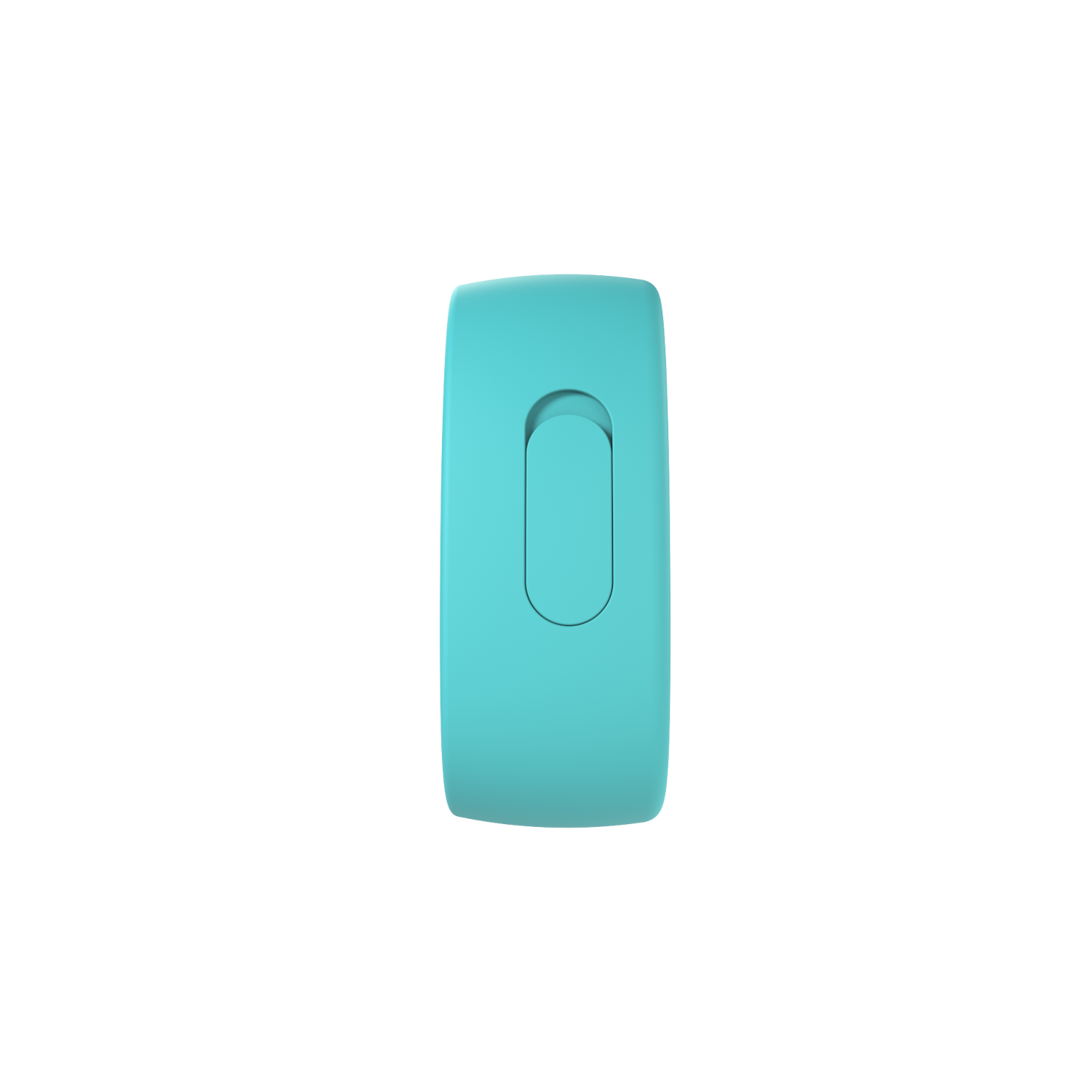 Turquoise fitnesstracker op zwarte achtergrond. Het heeft een rechthoekige vorm en een ovale uitsparing.