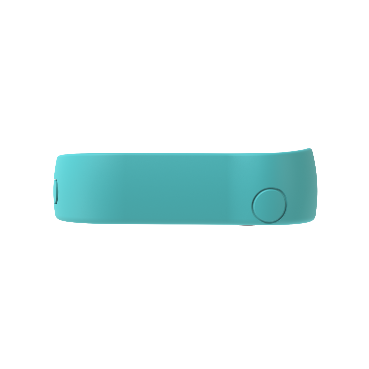 Een felblauwe fitness tracker band. De band is gebogen en toont zijn vorm.