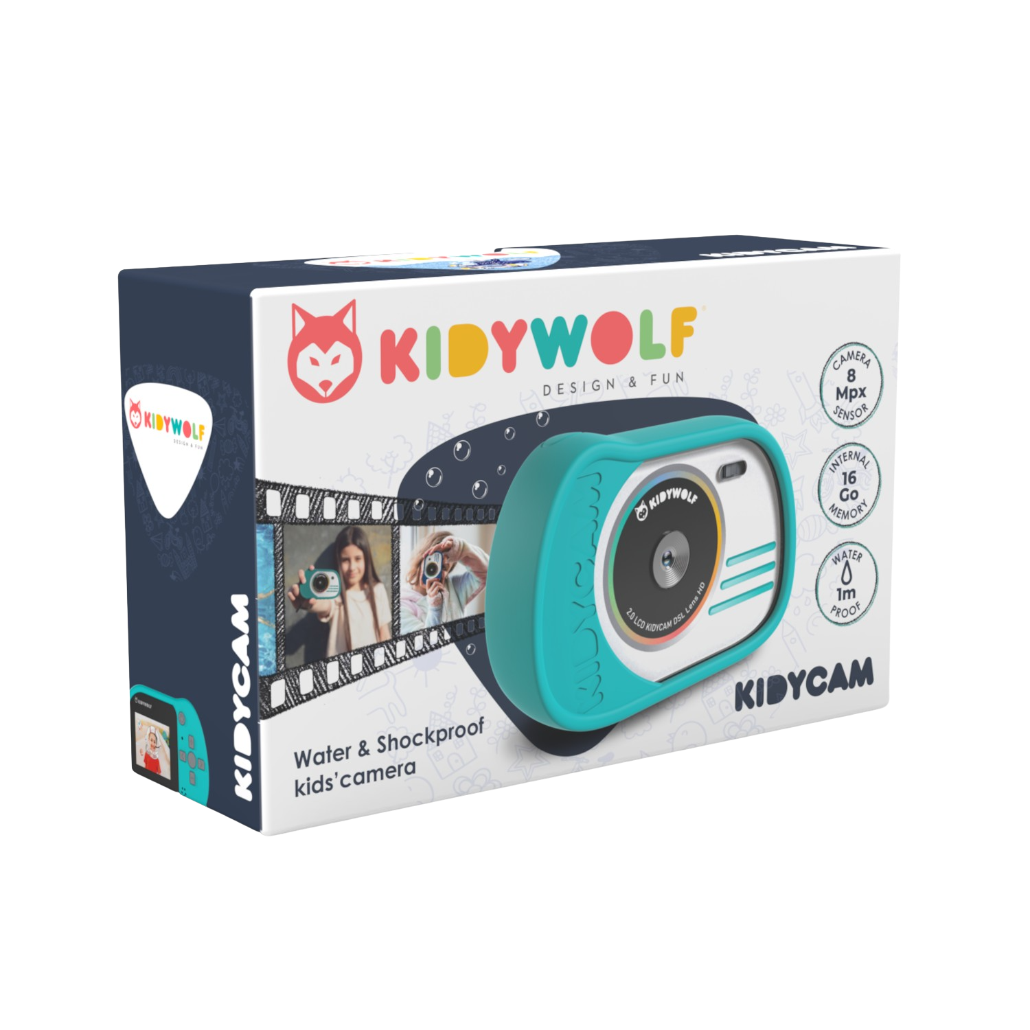 Kidywolf cameradoos. Turquoise camera-afbeelding op witte doos. Water- en schokbestendige kindercamera.