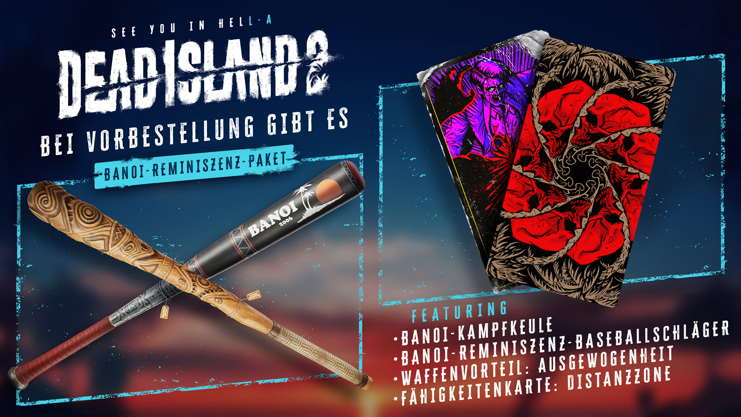 Una pubblicità per Dead Island 2, con una mazza da baseball e l'arte delle carte.