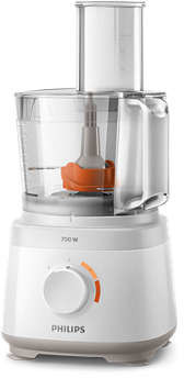White Philips food processor. It has a transparent bowl and orange accents.