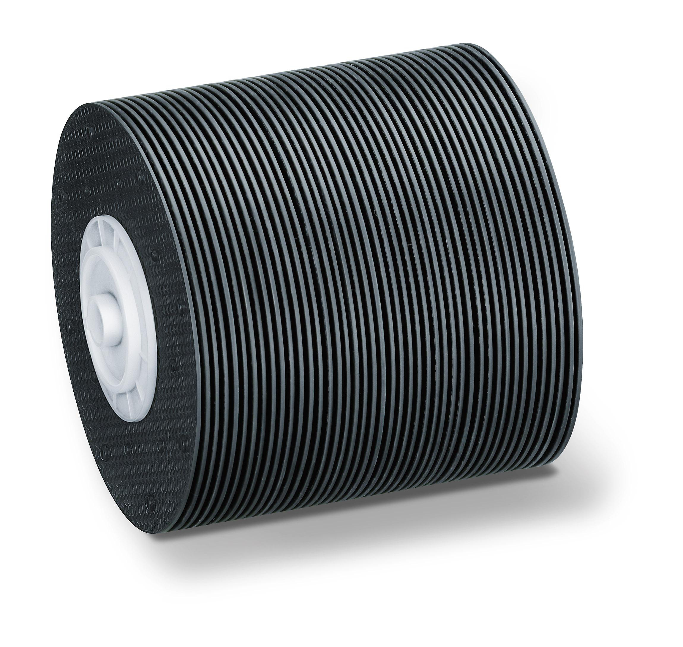 Zylindrischer Luftfilter mit weißen Seiten und schwarzen Rippen.