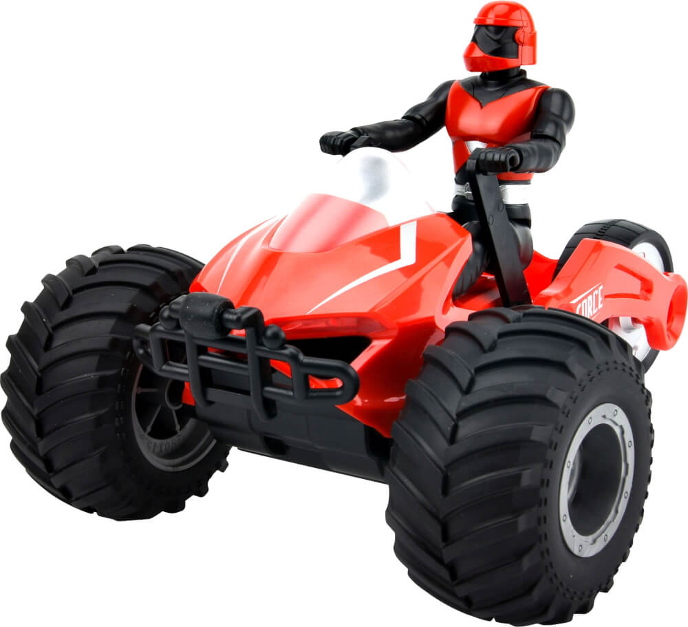 Ein rotes Spielzeugauto mit großen schwarzen Reifen, eine Figur mit rotem Helm und schwarzem Anzug fährt es.