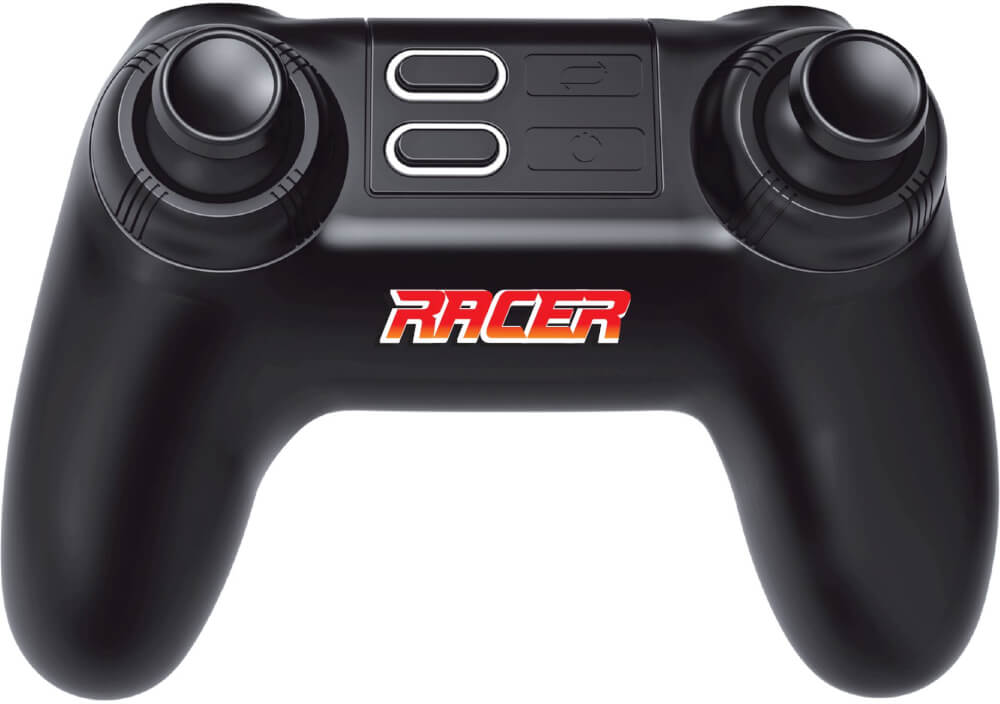 Schwarzer Gamecontroller mit zwei Joysticks, Knöpfen und dem Wort RACER in Rot.