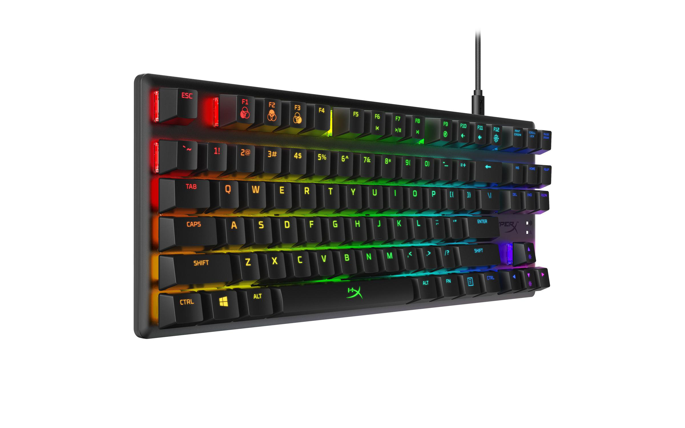 Eine schwarze Tastatur mit Regenbogen-Hintergrundbeleuchtung. Die Tasten sind beschriftet.
