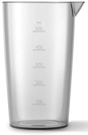 A clear measuring cup with volume markings.