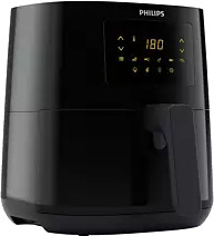 Black Philips air fryer with digital display showing 180 degrees.