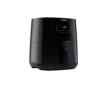 Black air fryer with digital display showing 180. White background.