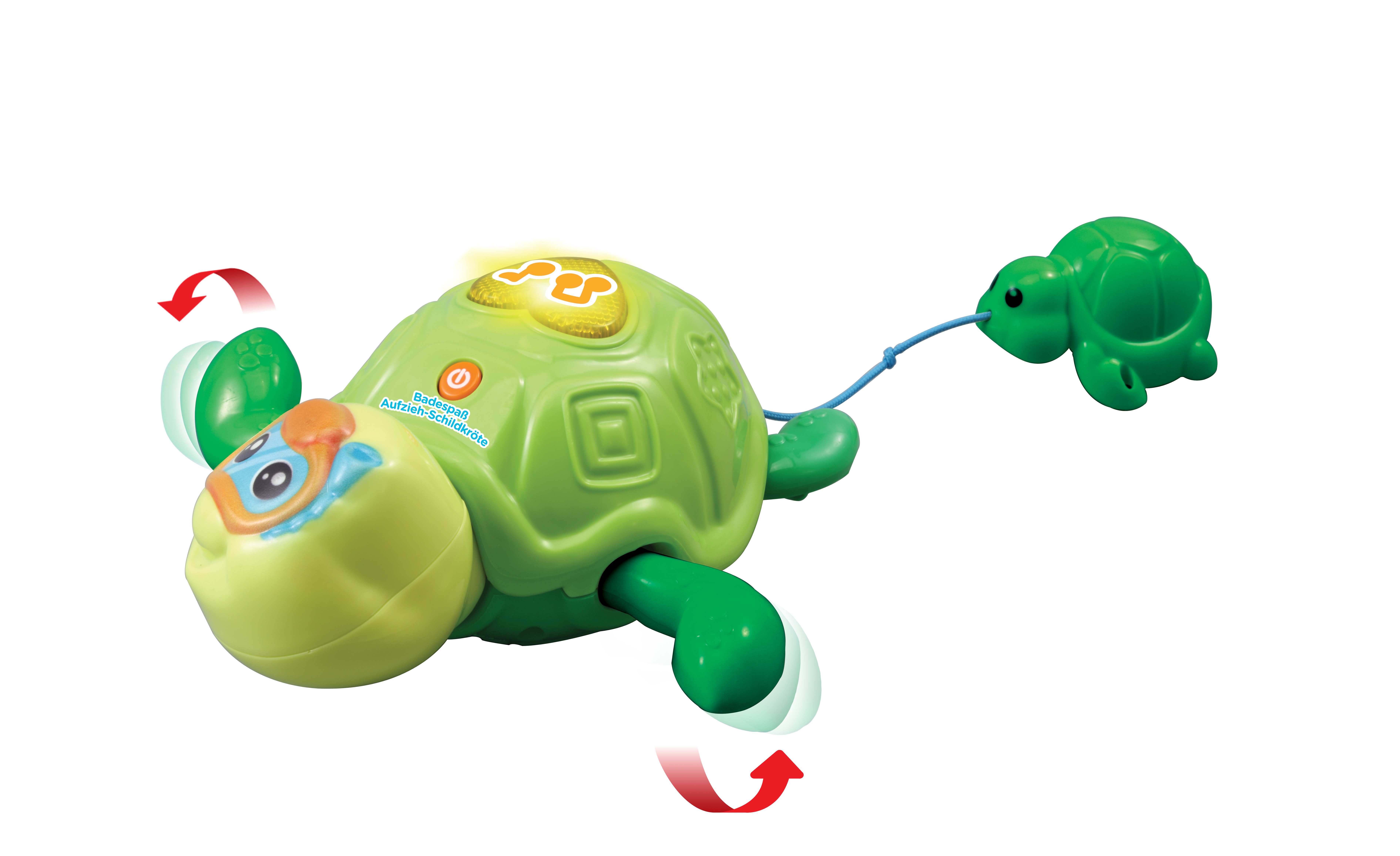 Eine grüne Spielzeugschildkröte mit einer kleineren Schildkröte. Das Spielzeug hat Knöpfe und bewegt sich.