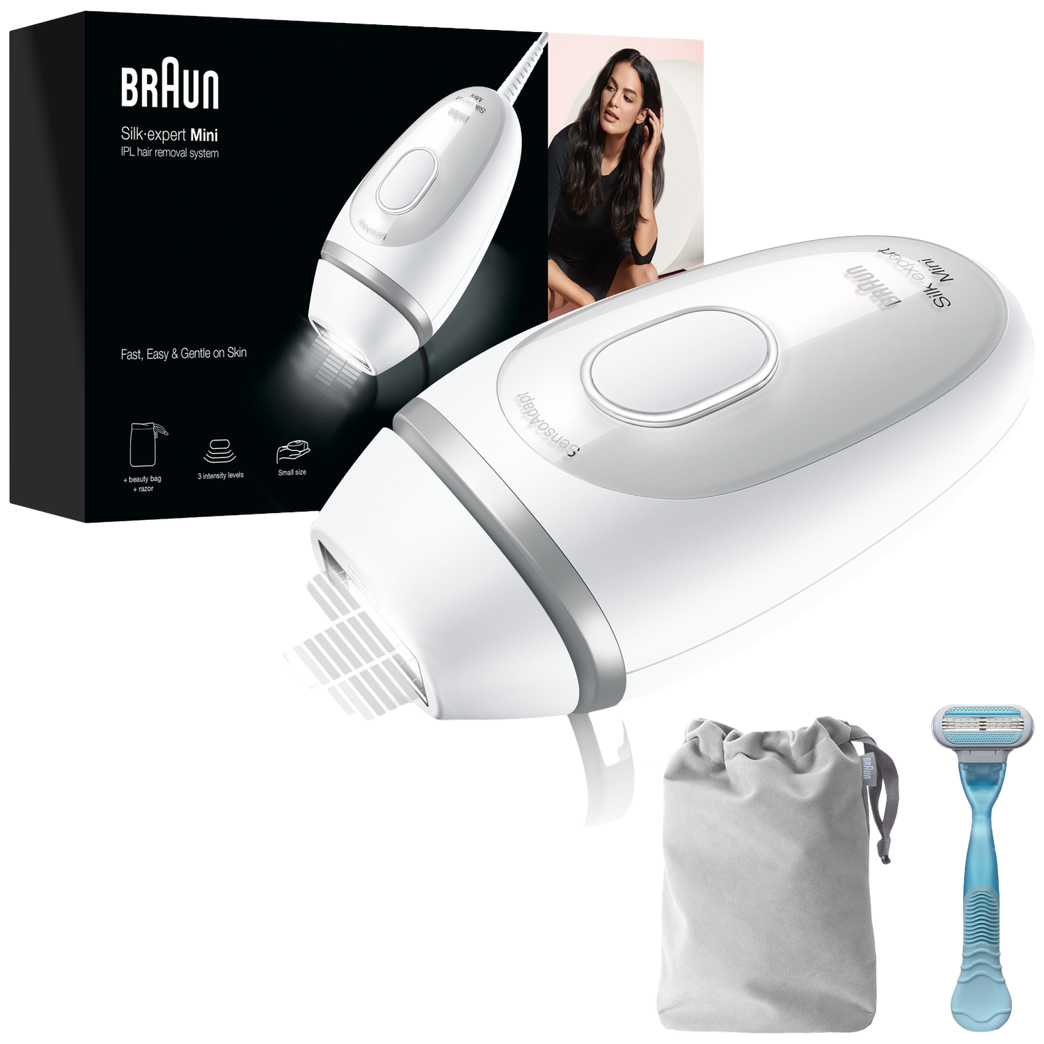 L'image montre un système d'épilation IPL Braun Silk-expert Mini avec une femme, un rasoir et une pochette. La boîte et l'appareil sont blancs.