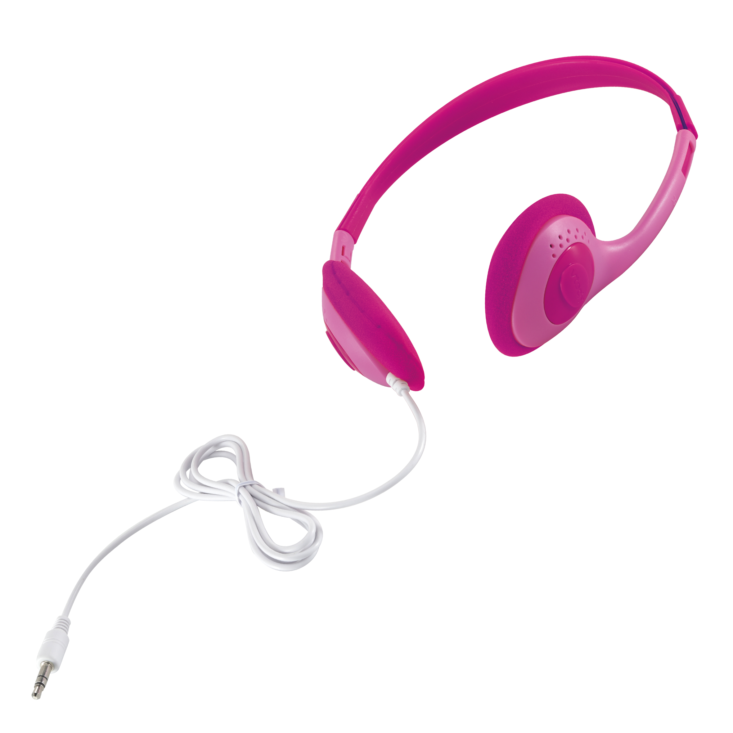 Pinke Kopfhörer mit weißem Kabel, vor weißem Hintergrund, mit den Ohrhörern und dem Kabel.