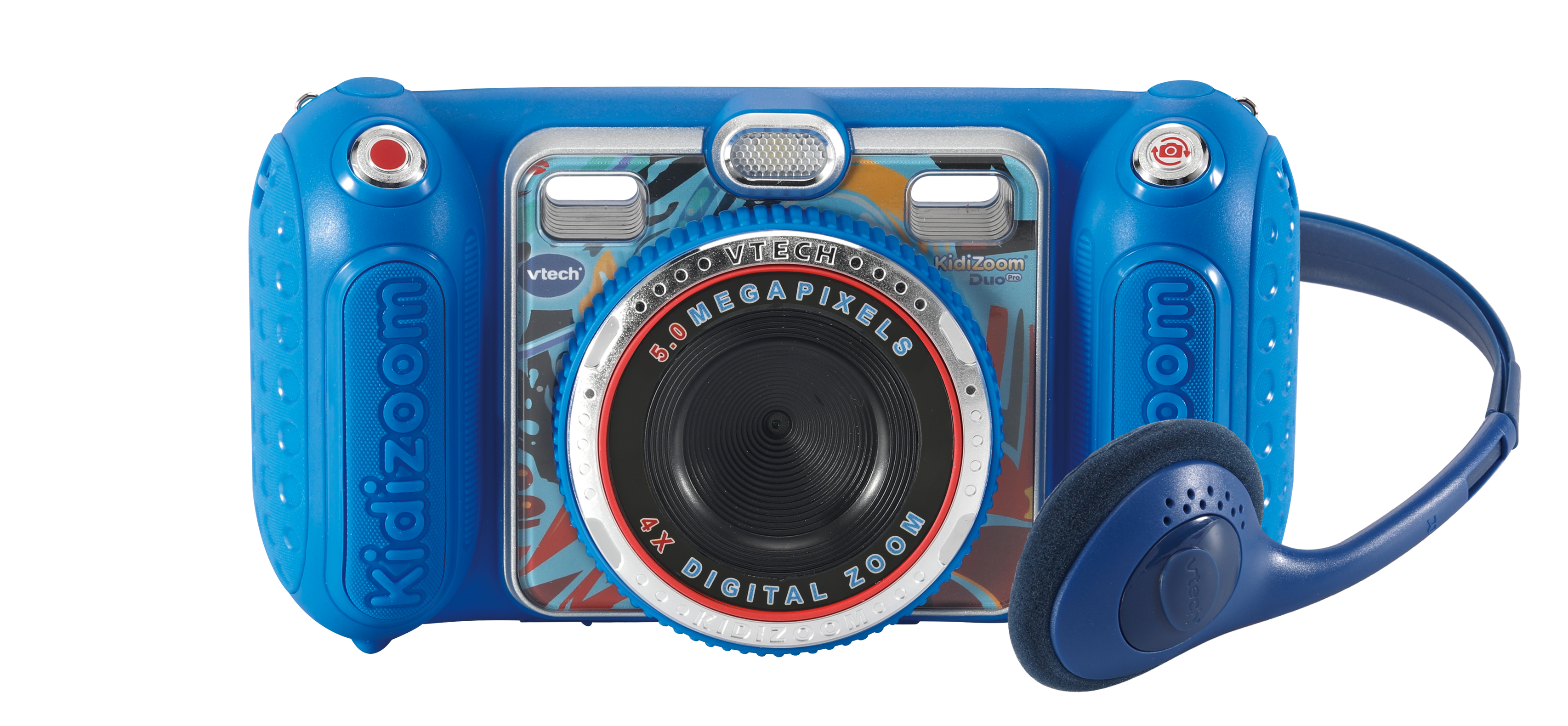 Blaue Kidizoom-Kamera mit großem Objektiv und blauem Headset rechts.